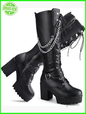 Knee High Platform Combat Boots with Side Zipper and Laces